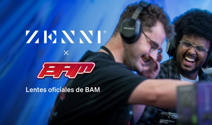 El logotipo de Zenni y el logotipo de BAM (letras rojas estilizadas con contorno blanco), junto a dos jugadores masculinos que llevan fonos y ríen, sobre un fondo azul brillante y texturizado.