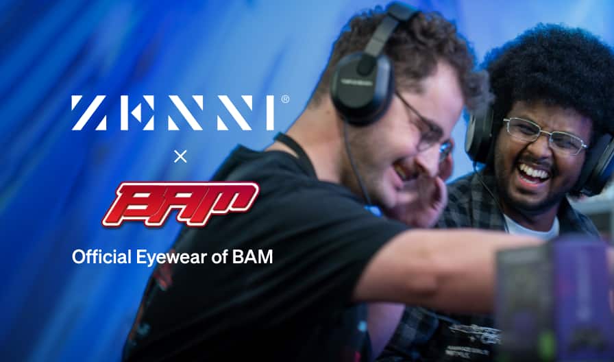 The Zenni logo and the BAM logo (stylized red letters outlined in white), next to two male gamer's wearing headphones and laughing, over a bright blue and textured background.