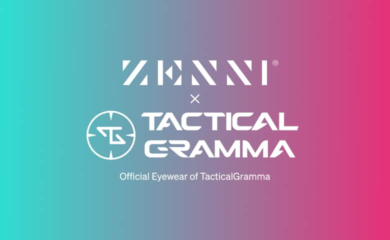 Text that says “Zenni official eyewear collaboration with Tactical Gramma” with the Zenni and Tactical Gramma logos above, displayed on a teal and pink gradient background.