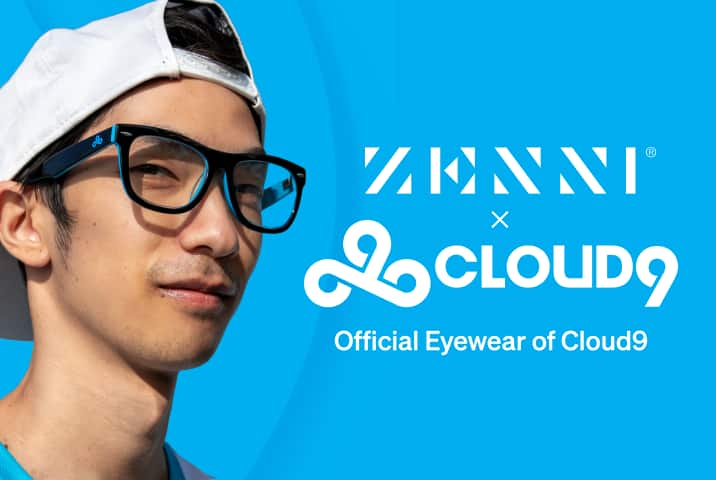 The Zenni logo and the Cloud9 logo (white stylized triple 9 cloud icon next to Cloud9 wordmark) over textured light ble backround and image of male model wearing a backwards white hat and a pair of Cloud9 branded glasses.