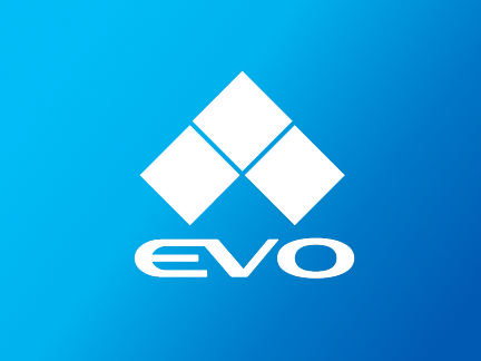 The white EVO logo, centered on a bright blue gradient background.