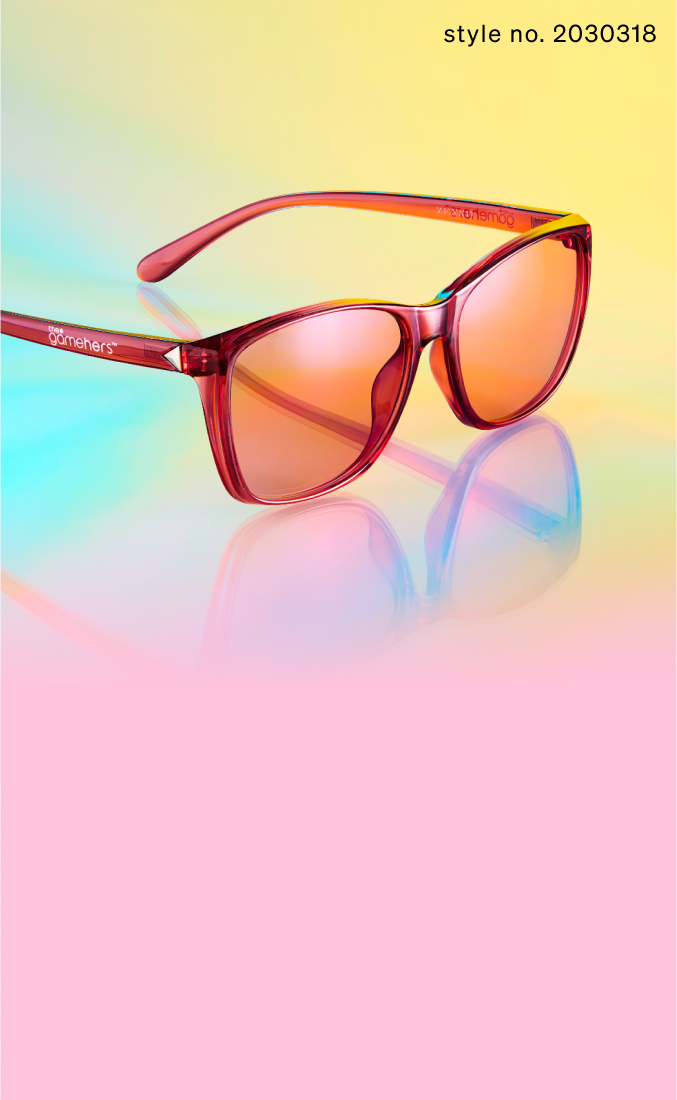 Red sunglasses with pink-tinted lenses rest on a pastel gradient background. The temple arm features the 'gamerhers' logo in white. Style no. 2030318.