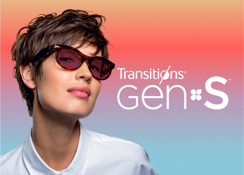 Person wearing Tortoiseshell sunglasses with “Transitions Gen S” text on a colorful gradient background.