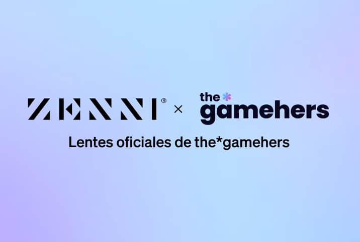 El logotipo de Zenni y el logotipo de Gamehers (tipografía negra, acentuada con un pequeño ícono de flor multicolor), sobre un fondo con degradado de azul claro a violeta claro.