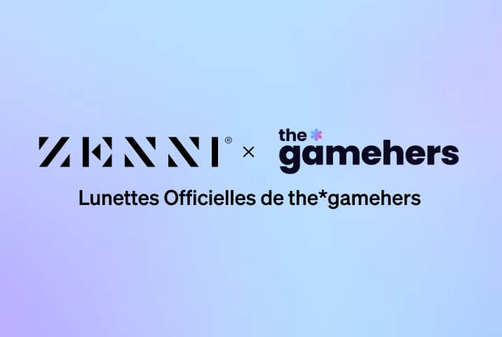 Le logo Zenni et le logo Gamehers (police noire, agrémentée d'une petite icône de fleur multicolore), sur un fond en dégradé du bleu clair au violet clair.