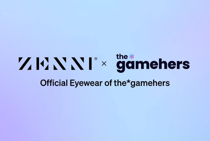 The Zenni logo and the Gamehers logo (black font, accented by a small multi-colored flower icon), over a light blue to light violet gradient colored background.