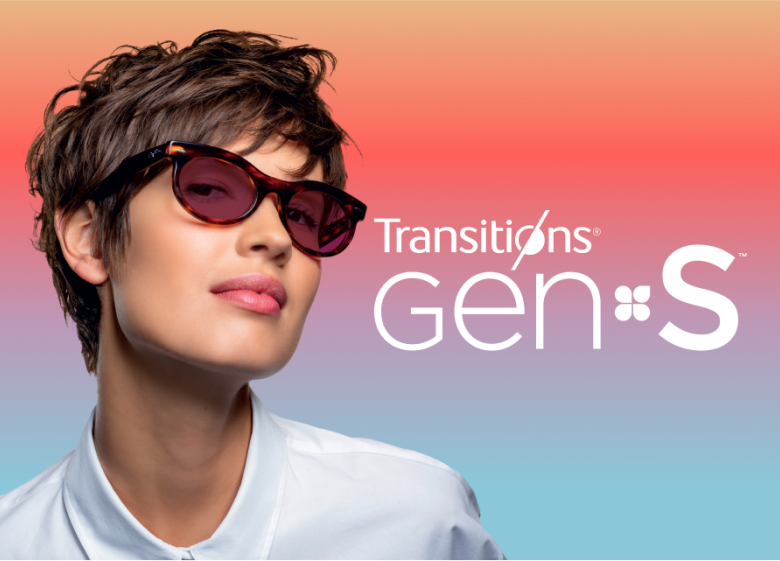 Person wearing Tortoiseshell sunglasses with “Transitions Gen S” text on a colorful gradient background.