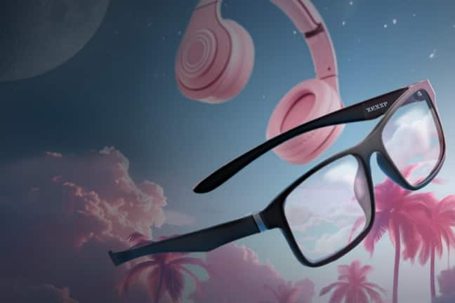 Zenni OptiFlex Frames featuring black square frames and pink headphones on a dreamy nighttime background with pink palm trees.