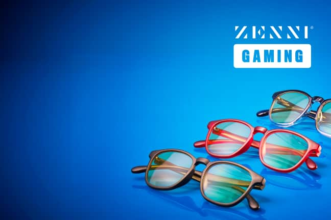 Several pairs of stylish glasses with reflective lenses displayed on a blue background. Text reads: “Our Gaming Partners. Exclusive glasses and collections from your favorite teams and organizations. Learn more.”