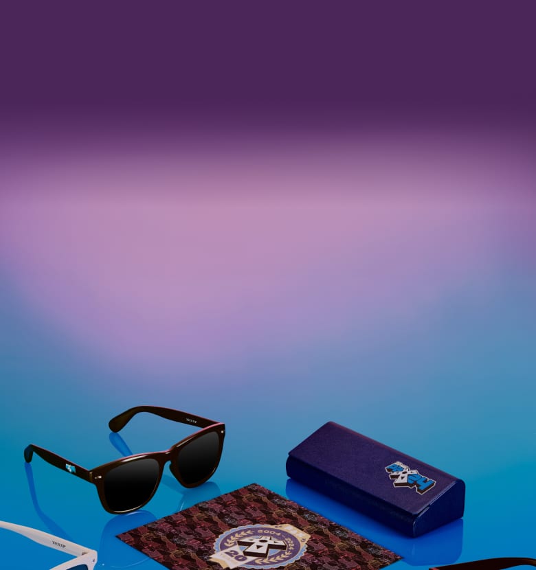 Zenni x PAX eyewear with multiple pairs of sunglasses and accessories against a purple and blue gradient background.