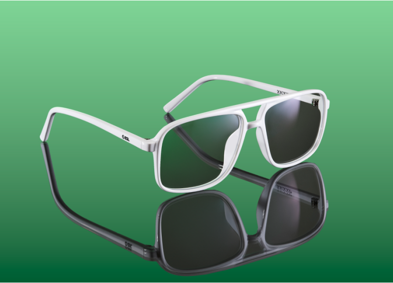 A pair of white-rimmed sunglasses with dark lenses, displayed on a green background. The sunglasses are sitting upright, showing their reflection beneath them.