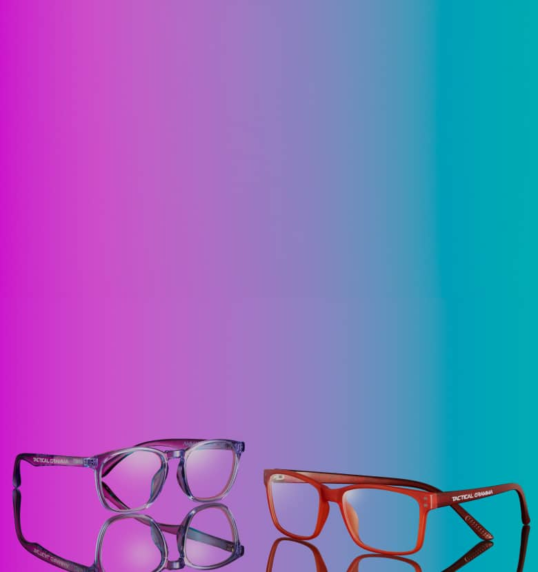 Text says: “Zenni x TacticalGramma. Official Eyewear of TacticalGramma. Show your love for TacticalGramma with a curated collection of eyewear.” Below the text are two pairs of eyeglasses with different styles and colors in front of a purple and teal gradient background. There is a “Shop Now” button below the text.