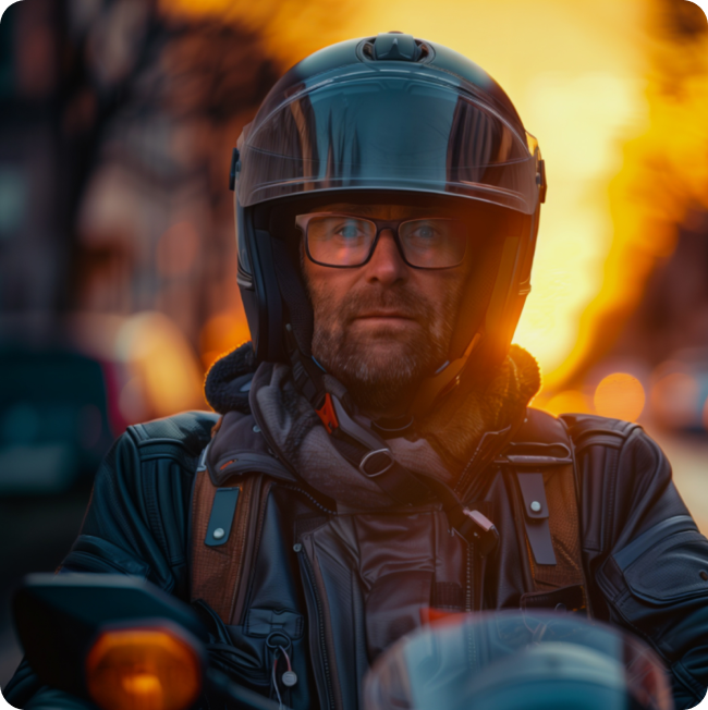 Male motorcycle rider wearing a helmet and Zenni OptiFlex glasses, riding with a focused expression in the glow of the setting sun.