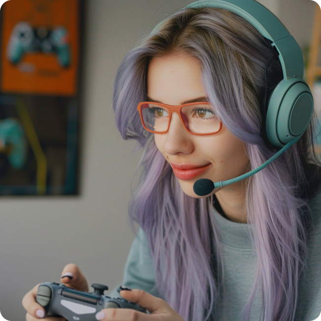 Female gamer with lavender hair wearing orange Zenni OptiFlex glasses and a headset, focused on playing a video game.