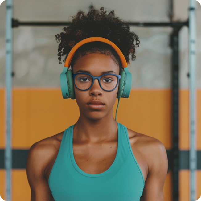 Female gym-goer wearing blue Zenni OptiFlex glasses and headphones, looking directly at the camera with a focused expression.