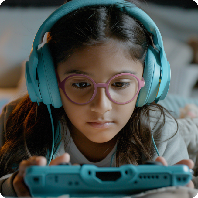 Young girl wearing Zenni OptiFlex glasses and a headset, playing a game on a handheld device laying on a bed.