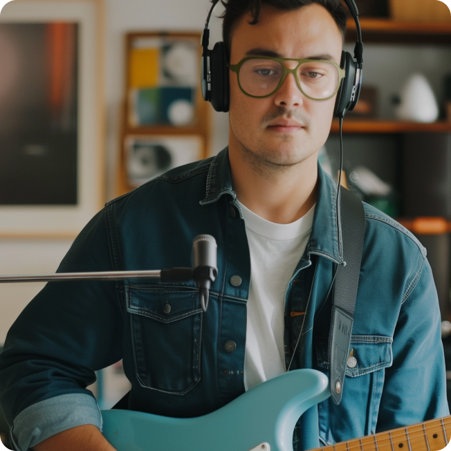 Male musician wearing Zenni OptiFlex glasses while playing the guitar, headphones on in a studio setting.