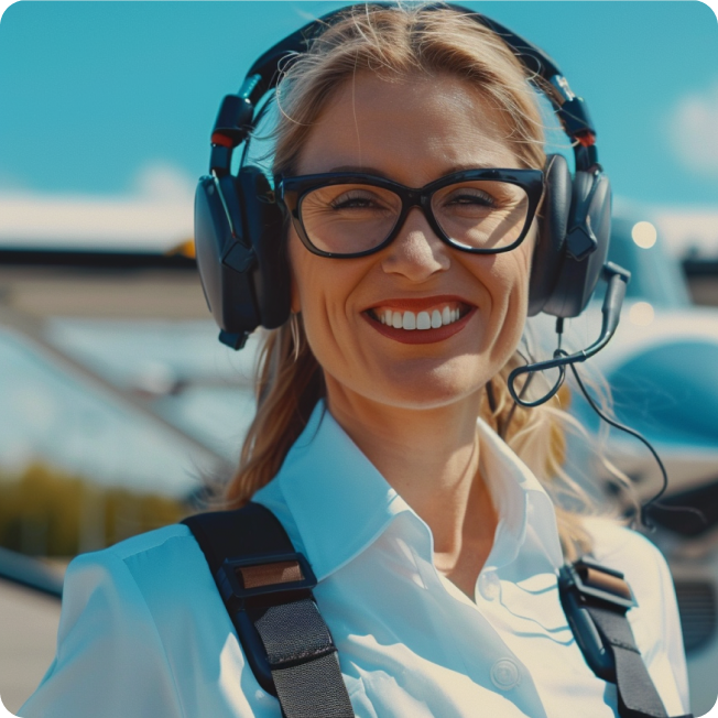 Female pilot smiling while wearing Zenni OptiFlex glasses and a headset, standing confidently next to an aircraft.