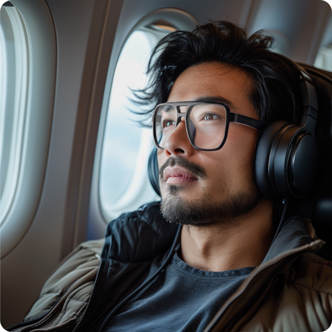 Male traveler wearing black Zenni OptiFlex glasses and headphones, gazing out the airplane window with a thoughtful expression.