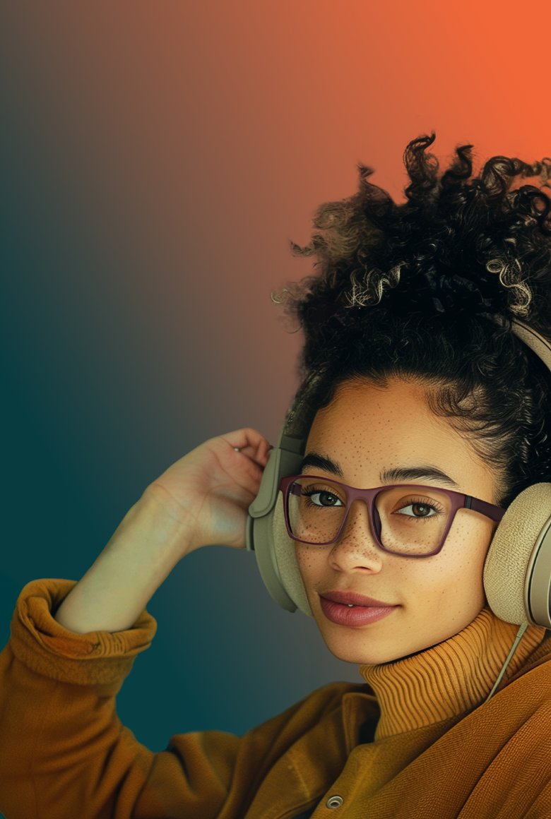 A person wearing headphones and stylish Zenni OptiFlex glasses, showcasing comfort and ergonomic design.