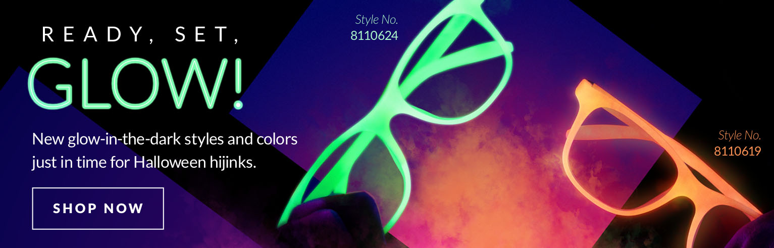 Ready, set, glow! New glow-in-the-dark styles and colors just in time for Halloween hijinks. Shop now. Image of a dark room lit by blacklight, with Zenni rectangle glasses #8110624 and #8110619, and a woman wearing glowing makeup and Zenni square glasses.