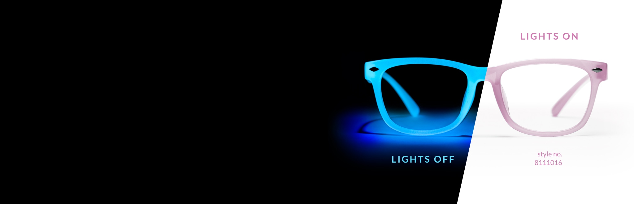 Image of Zenni glow-in-the-dark glasses #8111016, split in half; with one side in the dark glowing bright blue, and the other in the light appearing purple. The dark said says ‘lights off’ and the light side says ‘lights on’.