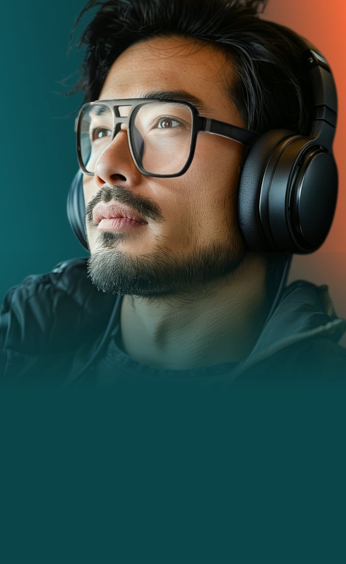 A man wearing large, black-framed glasses and over-ear headphones, set against a gradient background transitioning from teal to orange.