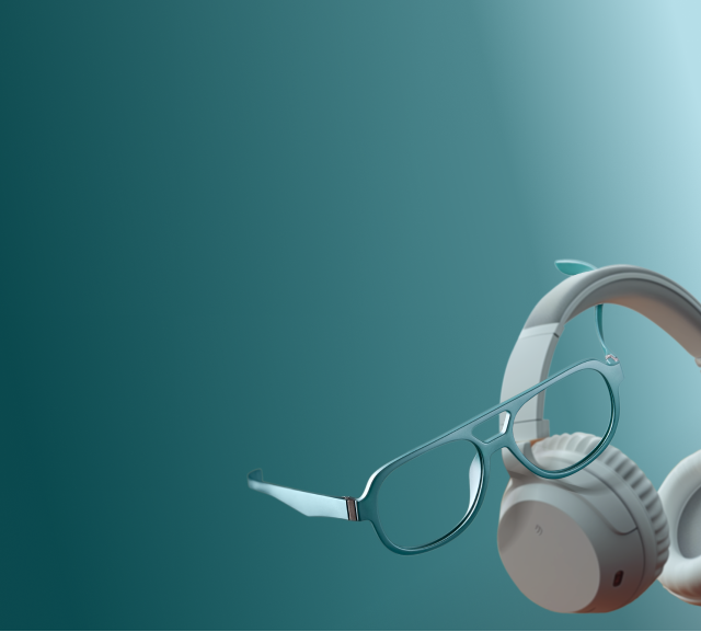 White headphone and a pair of Zenni teal aviator glasses on a gradient teal background.
