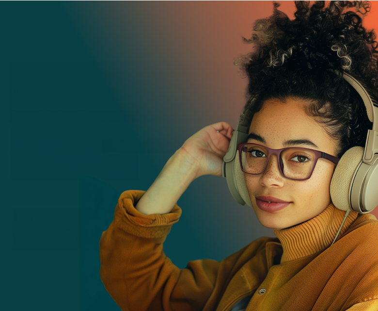 Woman wearing brown jacket and headphone, with Zenni brown square glasses.