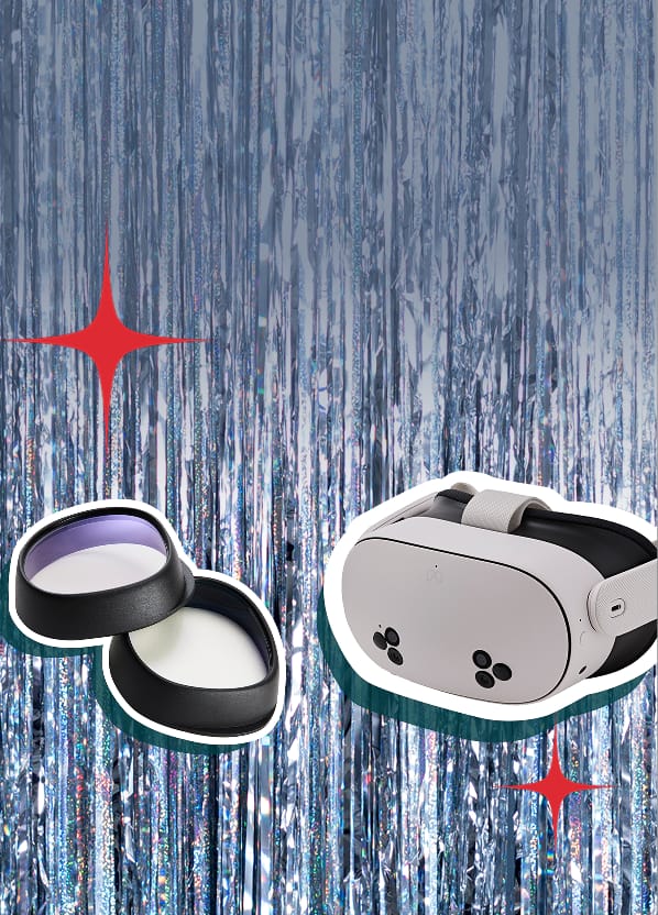 Virtual Reality headset with Zenni prescription lens inserts displayed on silver tinsel background with illustrated red star accents