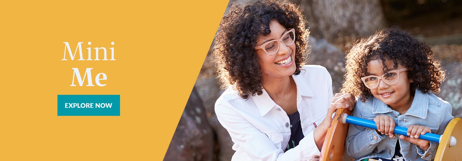 Mother and young daughter play outside wearing matching acetate glasses #4425133 and #4431833 in buff.
