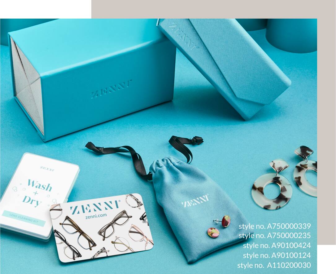 Image of a variety of Zenni accessories, including cases, cleaning kits, and a gift card against a teal background with teal wrapping paper.