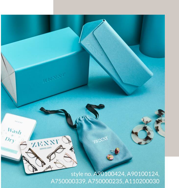 Image of a variety of Zenni accessories, including cases, cleaning kits, and a gift card against a teal background with teal wrapping paper.