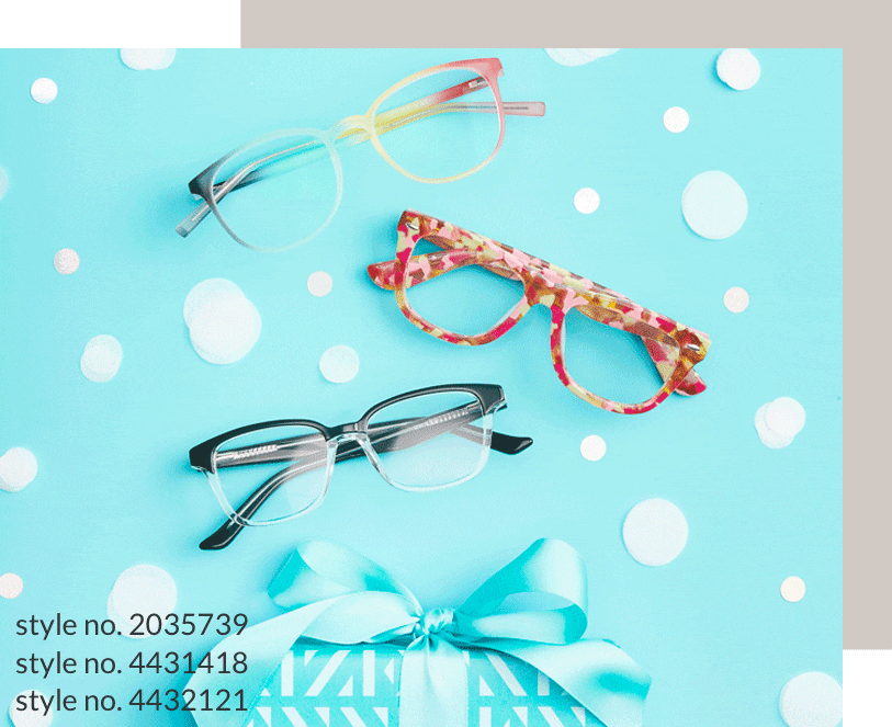 Image of 3 pairs of kids' glasses above a present wrapped in Zenni wrapping paper, on a teal background with white dots.