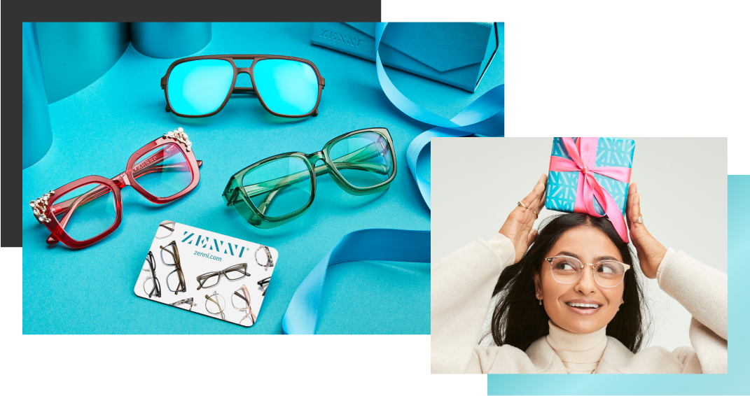 Two images connected, one on top of the other at the corner. The first image shows three pairs of Zenni glasses on an aqua background, surrounded by blue ribbon and a Zenni gift card. The second image show a woman wearing glasses with a brightly wrapped gift on her head.