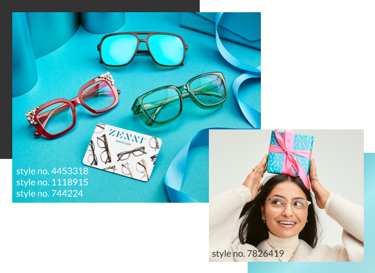 Two images connected, one on top of the other at the corner. The first image shows three pairs of Zenni glasses on an aqua background, surrounded by blue ribbon and a Zenni gift card. The second image show a woman wearing glasses with a brightly wrapped gift on her head.