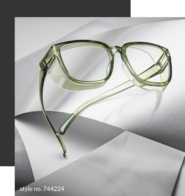 Image of Zenni square protective glasses #744224, against a light gray background with sheets of gray wrapping paper.