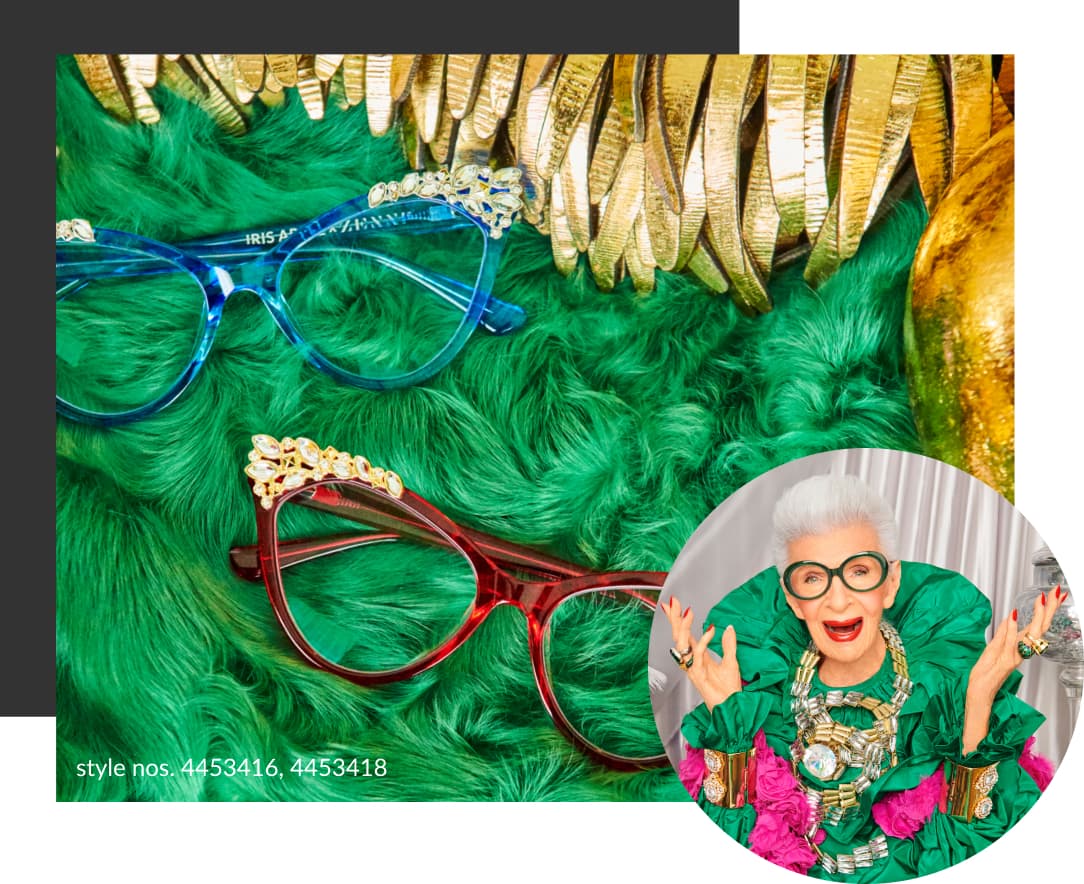 Image of two pairs of iris x Zenni Tinseltown pussycat cat-eye glasses, surrounded by gold leather cut-out feathers, on a green faux-fur background. In the lower corner of the image, there is another image of Iris Apfel wearing the same glasses.