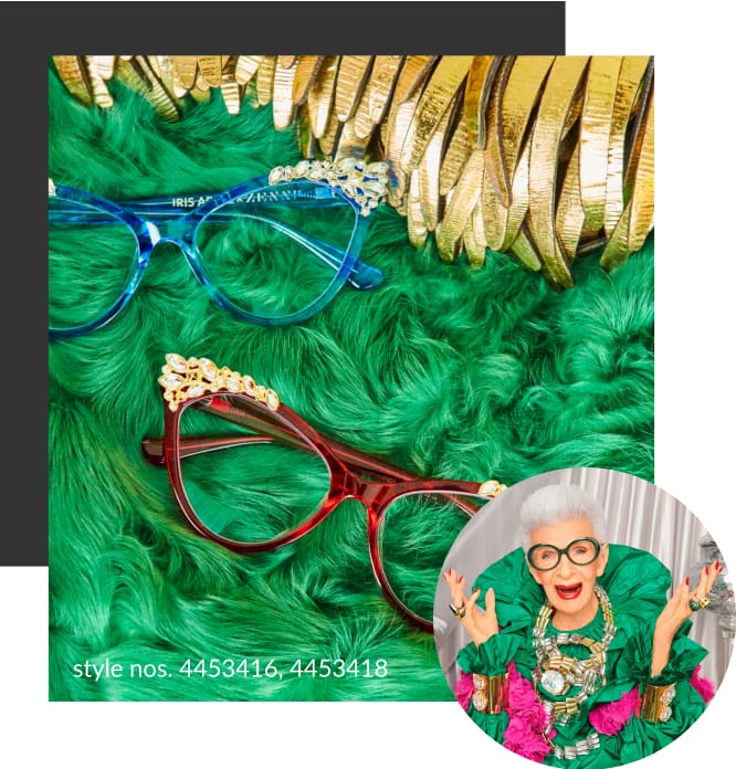 Image of two pairs of iris x Zenni Tinseltown pussycat cat-eye glasses, surrounded by gold leather cut-out feathers, on a green faux-fur background. In the lower corner of the image, there is another image of Iris Apfel wearing the same glasses.