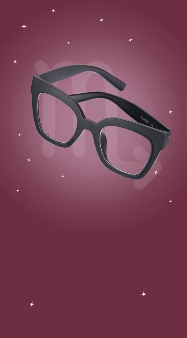 Black rectangular glasses floating on a burgundy background with stars, the Scorpio zodiac symbol, and constellation.
