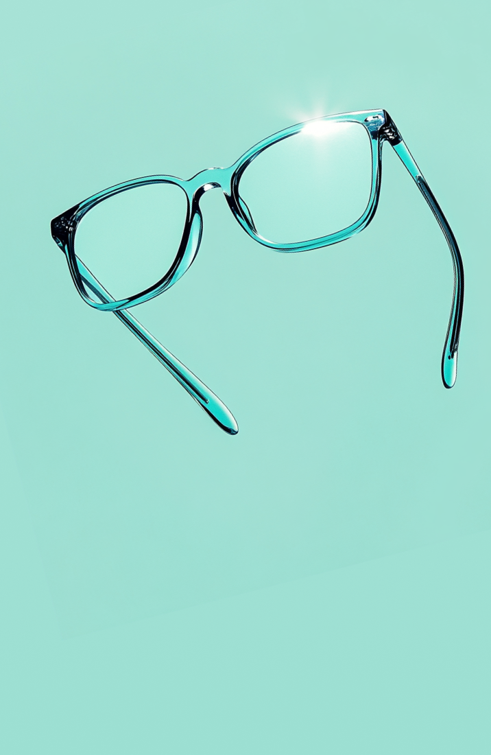 The image shows a pair of teal-tinted, transparent glasses on a mint-green background.