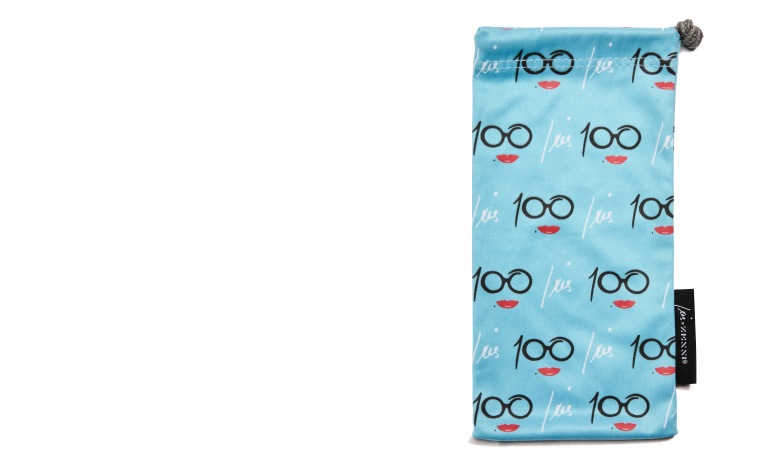 Image of the Iris Apfel x Zenni soft glasses pouch, with drawstrign closure and white background.