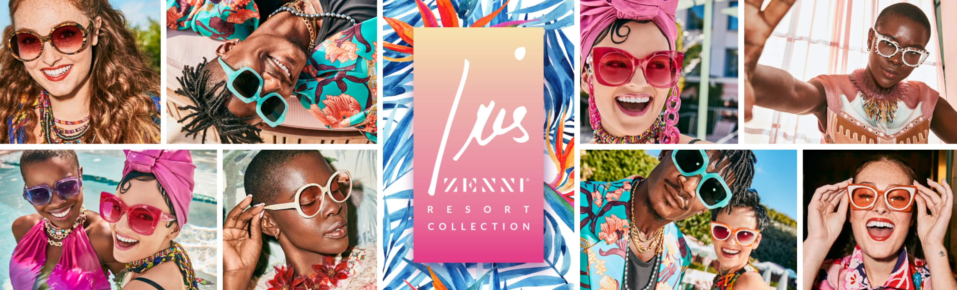 A collection of photographs depicting a wide variety of people wearing the Iris x Zenni Resort Collection.