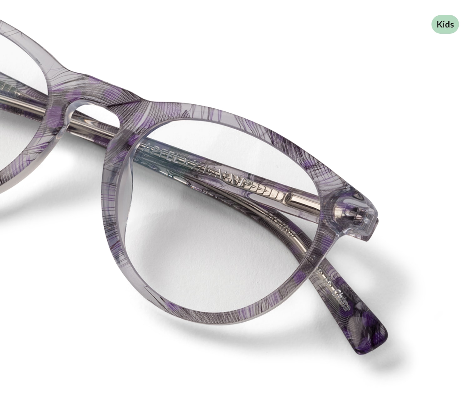 Black and purple feather-patterned transparent round glasses.
