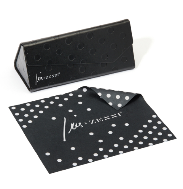 Black Zenni glasses case and a dotted cleaning cloth designed by Iris Apfel.