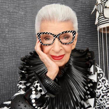 Image of Iris Apfel wearing Zenni black and white polka dot cat-eye frame.
