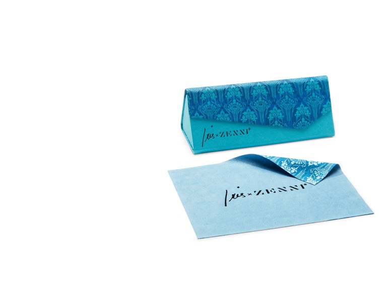 Image of an Iris x Zenni tri-fold glasses case and cleaning cloth.