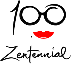 Image of a drawing of the number 100, but the zeros are made to look like the front of a pair of glasses with red lips underneath them, with the word ‘Zentennial’ underneath that.