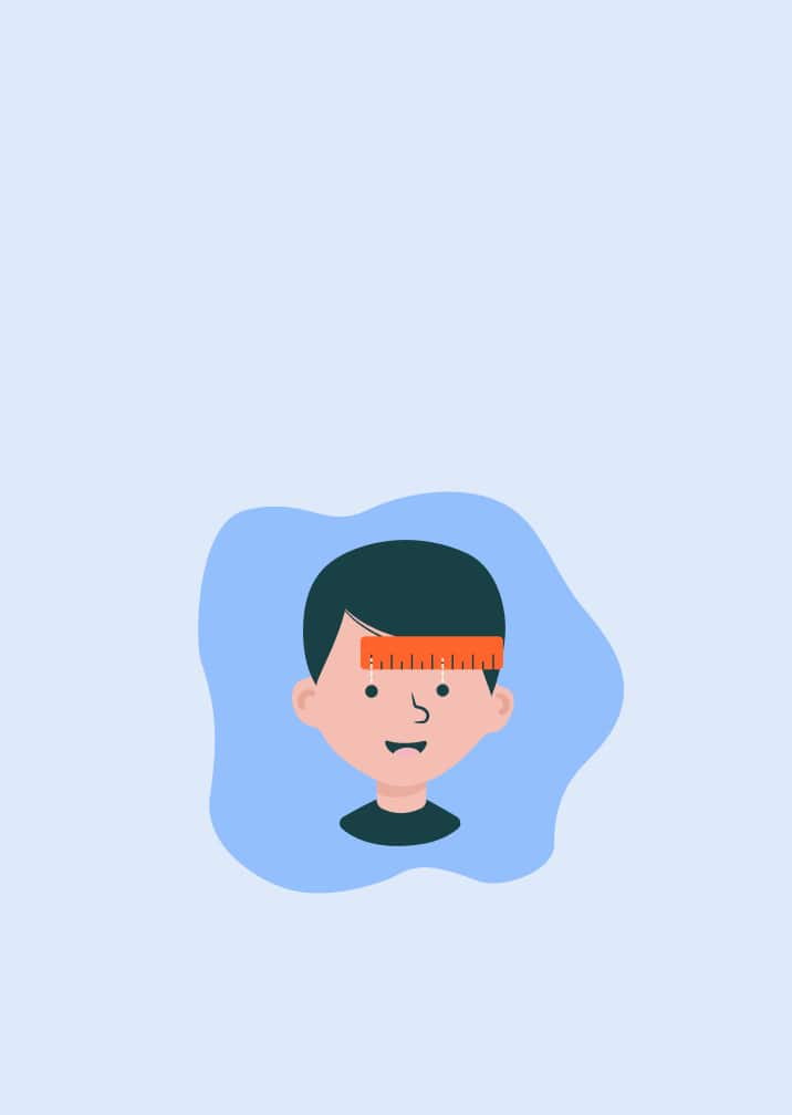 An illustration of a boy with short dark hair with a ruler over his eyes to demonstrate a method of pupillary distance measurement. The background is blue featuring an abstract blob shape.