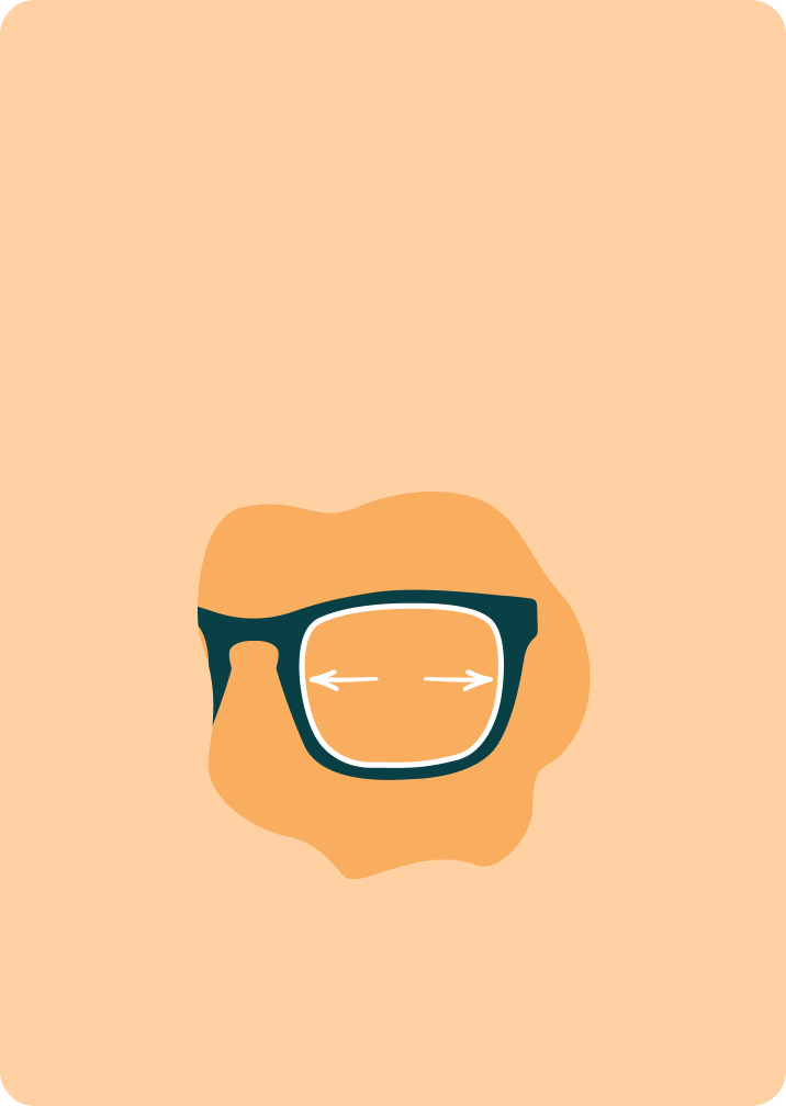 An illustration of kids’ glasses frames with white arrows to indicate the width of the lens. Background is orange featuring an abstract blob shape.